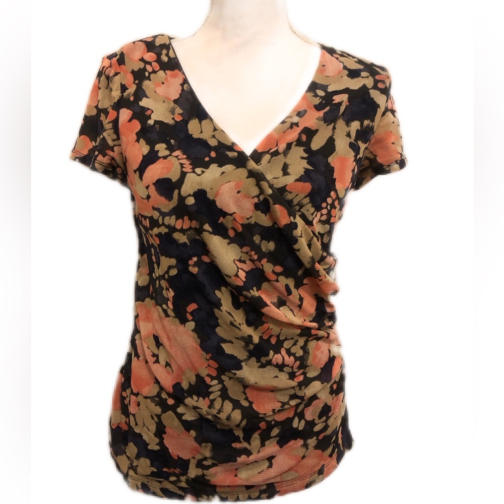 212 Collection Short Sleeve Floral Multicolored Wrap V-Neck Top Size Small